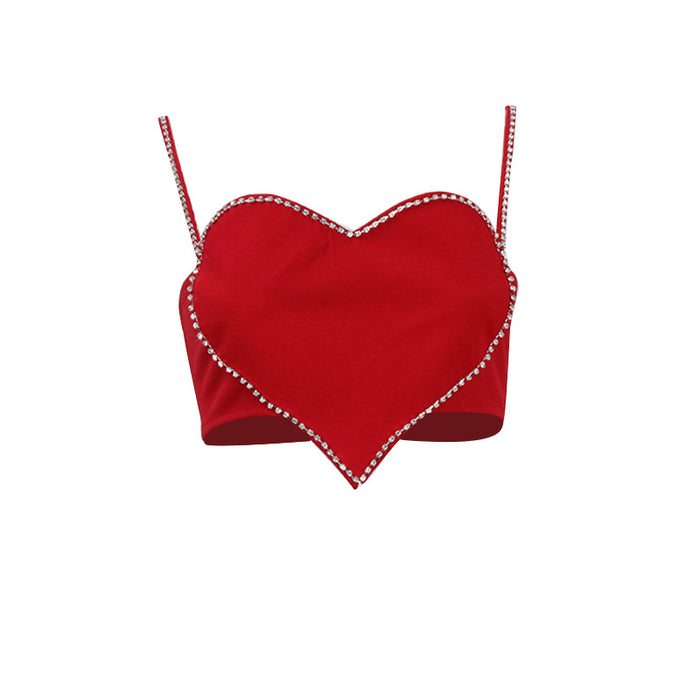 Women Clothing Sexy Heart Shape with Diamond Bandeau Sling Short Vest Cropped Sexy Top for Women