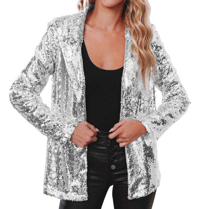 Casual Big Sequin Top Sequined Long Sleeve Office Collared Elegant Small Blazer