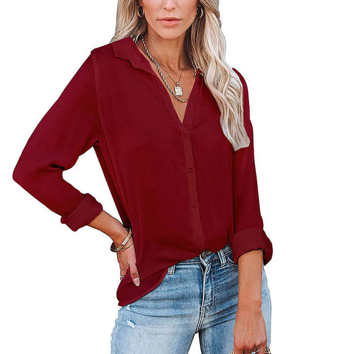 Women Clothing Autumn Winter Casual Loose Long Sleeve Buckle V neck Shirt Top