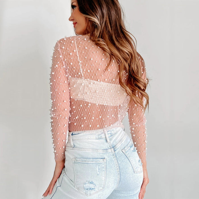 Women Sexy Beaded Mesh Lace Shirt Mesh Long Sleeved Top Women