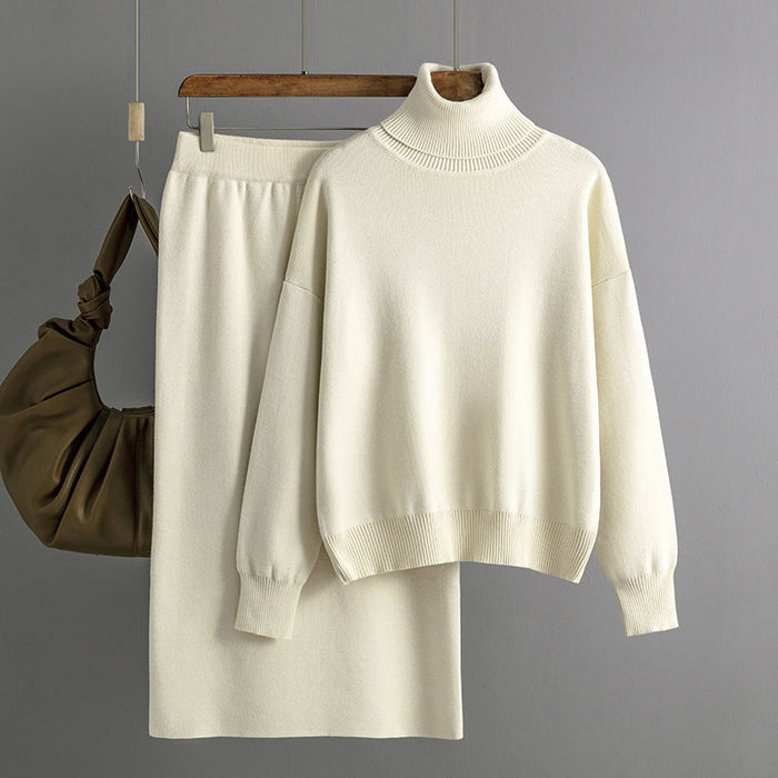 Solid Color Turtleneck Sweater Sheath Skirt Two Piece Set Autumn Winter Knitting Suit Women