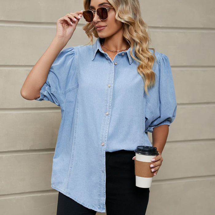 Women Clothing Trade Elastic Princess Sleeves Denim Shirt Casual Top