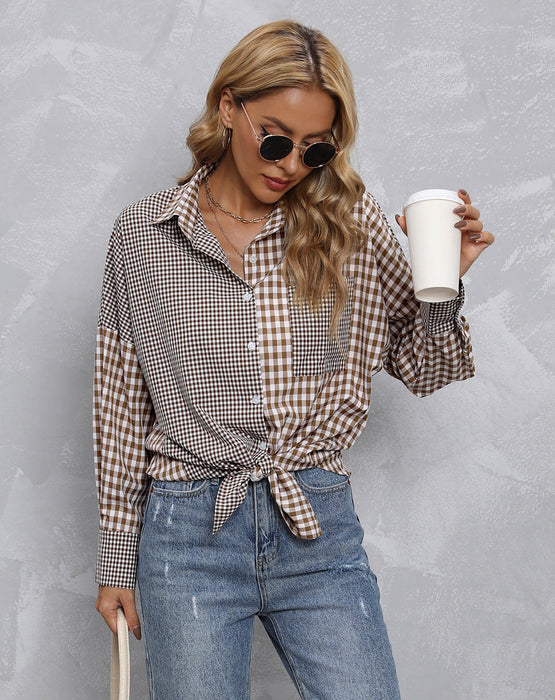 Women Top Autumn Collared Plaid Colorblock Loose Casual Shirt