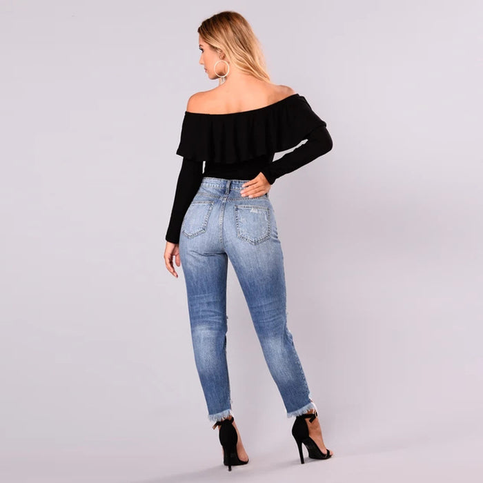 Autumn Holes Irregular Asymmetric Ankle Length Jeans Women