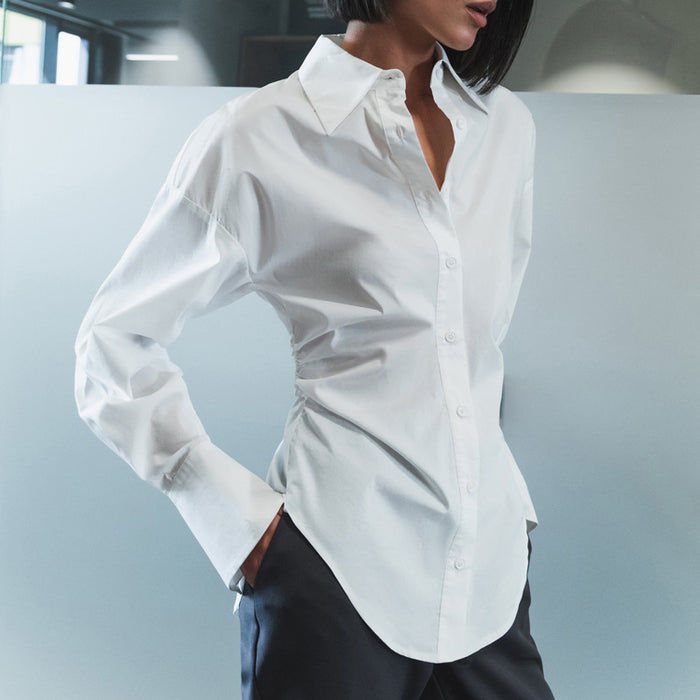 Autumn Pure Cotton All-Matching Long Sleeve Collared Women Shirt Casual Waist Tight Slimming Slim Fit White Shirt