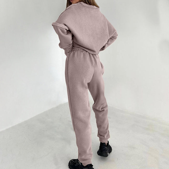 Pink round Collar Sports Brushed Hoody High Waist Sweatpants Autumn Women Clothing