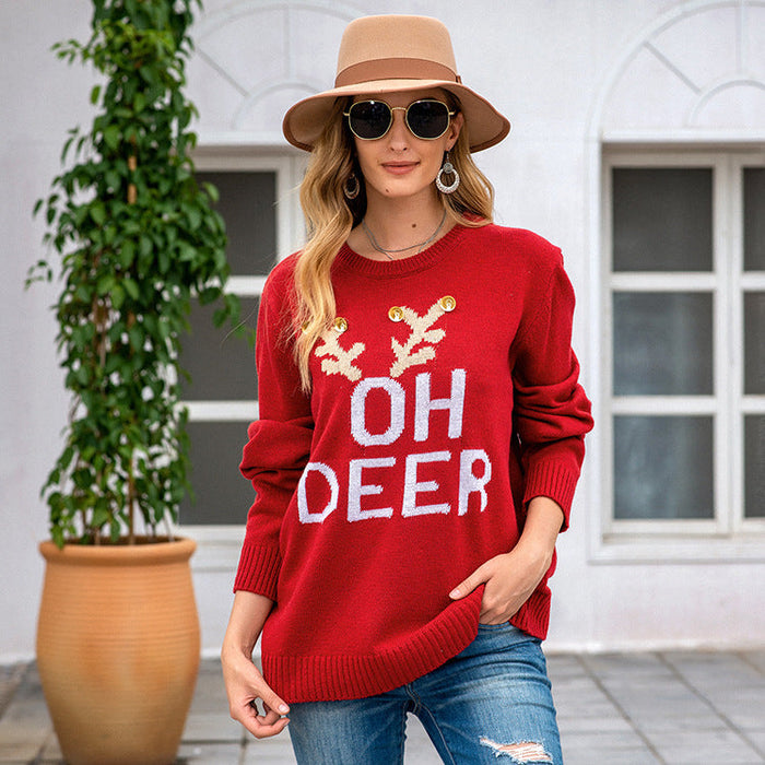 Autumn Winter Sweater Women Christmas Loose Idle Letters Antlers Crew Neck Pullover Sweater