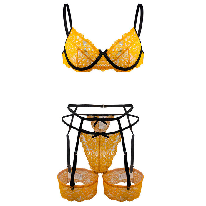 Sexy Underwear Lace Thin Lace Breathable Bra Low Waist Thin Strap Underwear Bow Sexy Four Piece Set