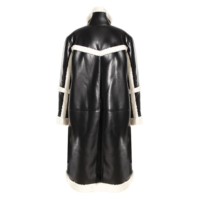 Color Contrast Patchwork Coat Autumn Winter Thickening Fur Leather Overcoat Women Overknee Long Lamb Wool Stitching Loose Cotton Coat