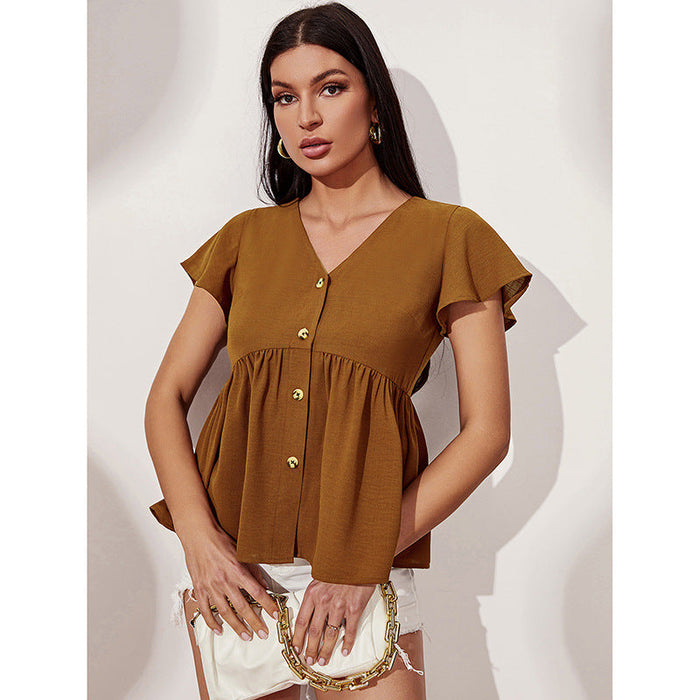 Women Clothing V neck Slim Figure Flattering Short Sleeve Top Women