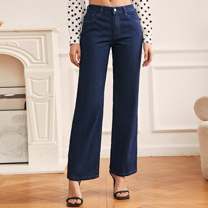 Women Clothing Fashionable Retro Casual High Waist Straight Leg Denim Trousers