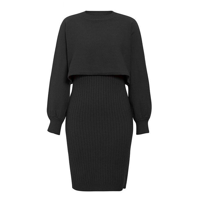 Knitted Two-Piece Classic High Waist Pullover Knitwear Half-Length Office Solid Color Dress