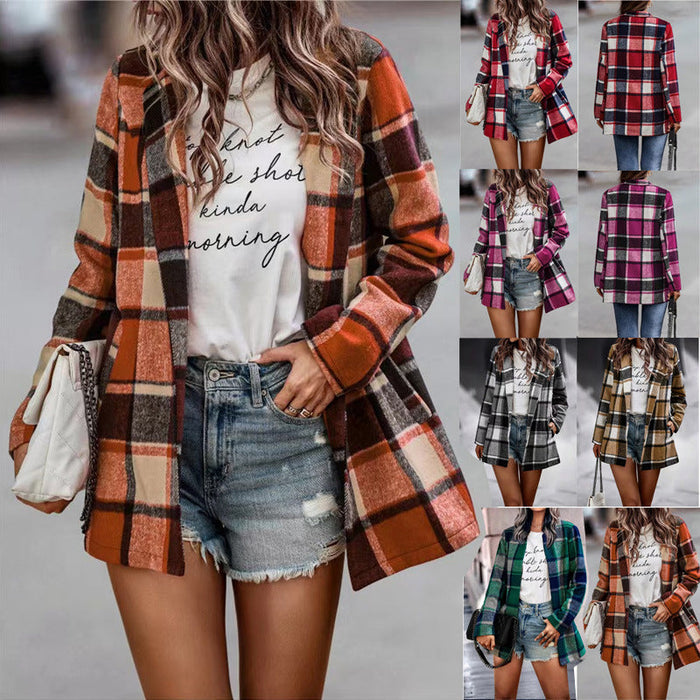 Autumn Winter Women Clothing Loose Printed Checks Long Sleeve Pocket Woolen Coat Top Outerwear