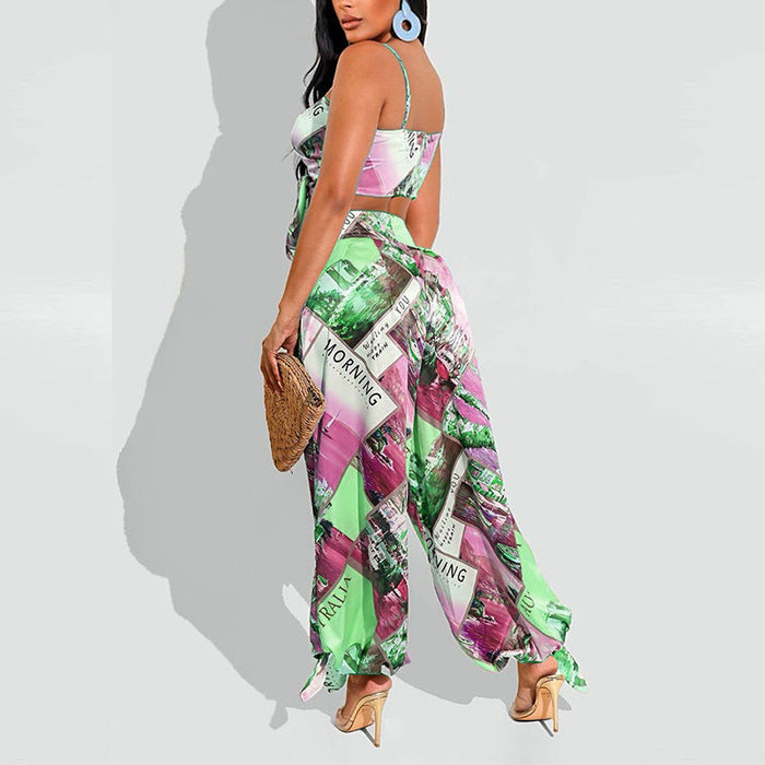 Women Clothing Summer Printed Sexy Chest Wrap Harem Pants Two Piece Set