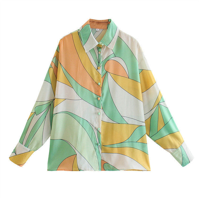 Spring Summer Shirt Women Cardigan Multi-Color Mosaic Loose Version Top Women