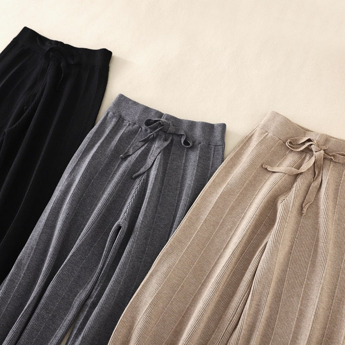 Knitted Thick Wide Leg Pants Women Autumn Winter High Waist Loose Drooping Straight Casual Long Pants Loose Vertical Stripes