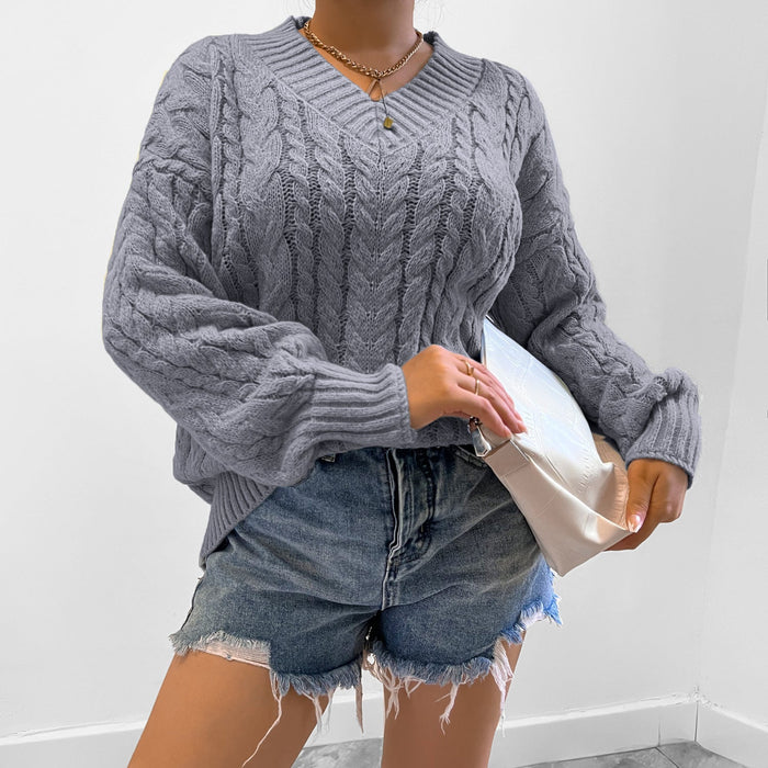 Women Clothing Fall Winter V Neck Lantern Sleeve Sweater