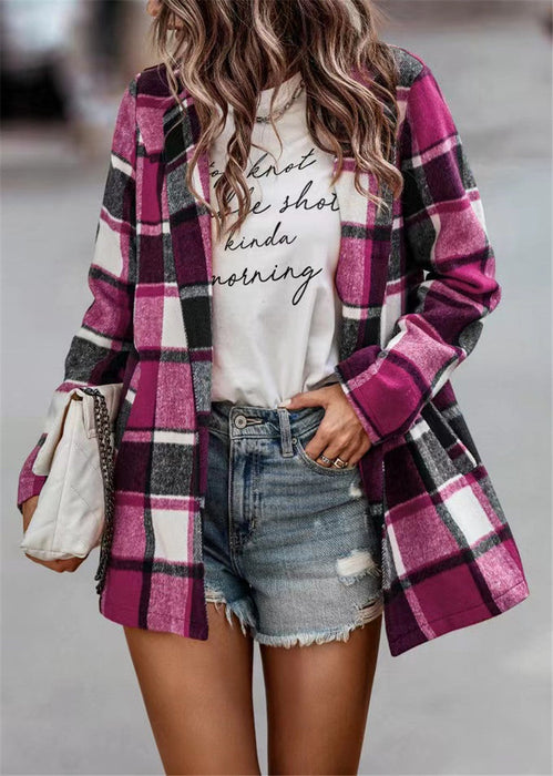 Autumn Winter Women Clothing Loose Printed Checks Long Sleeve Pocket Woolen Coat Top Outerwear