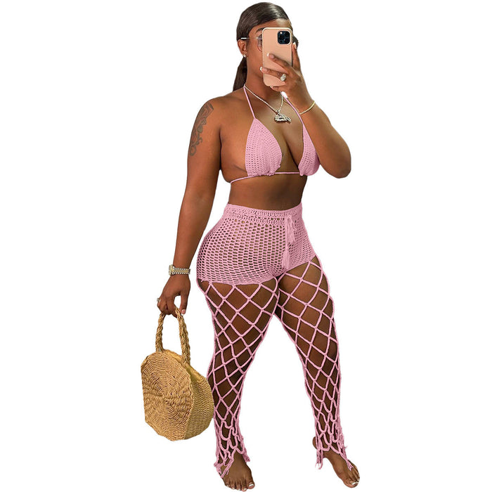 Women Clothing Hollow Out Cutout out See-through Two-Piece Beach Fishnet Hand Crochet Sexy Fashion Suit