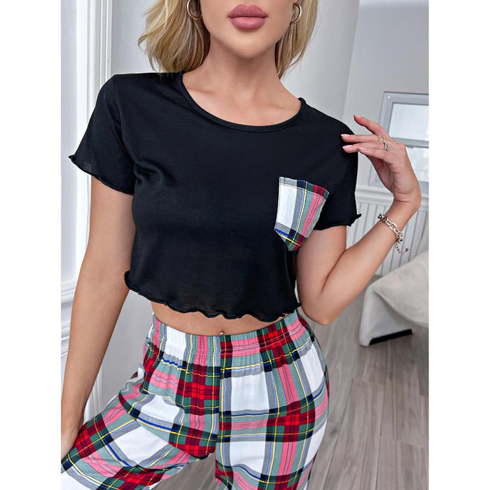 Women Spring Summer Short Sleeve Plaid Trousers Home Wear Set