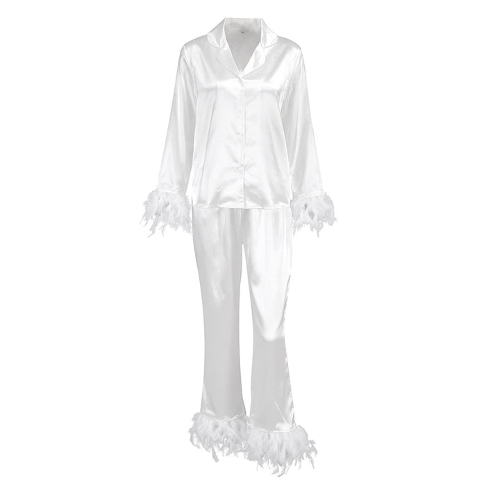 Summer Thin Satin Ice Silk Pajamas Suit for Women Solid Color Feather Can Be Outerwear Homewear