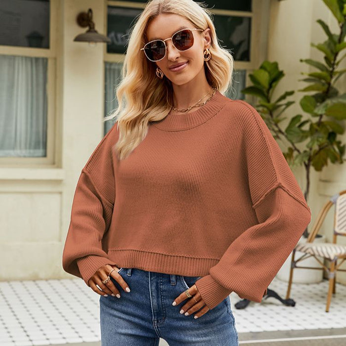 Women Clothing Autumn Winter Loose Cropped Pullover Sweater Long Sleeve round Neck Sweater
