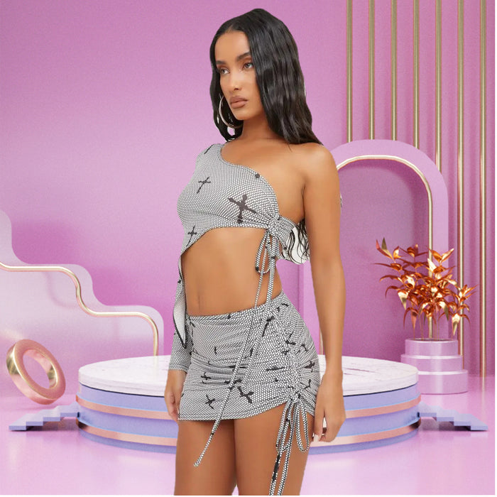 Women Clothing Lace up Cutout Cropped Cross Printed Short Skirt Two Piece Set for Women