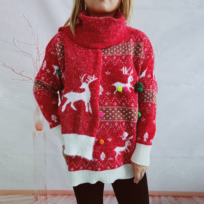 Autumn Winter Knitting Imitation Marten Deer Snowflake Jacquard Colorful Ball Christmas Sweater Scarf Two Piece Set