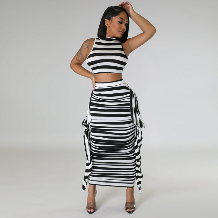 Women Clothing Summer Set Striped Cropped Sleeveless Vest Dress Two Piece Set