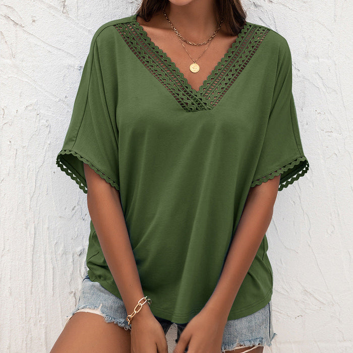 Women Clothing Summer Sexy Hollow Out Cutout out Stitching V-neck Loose Sweater Short Sleeve T-shirt for Women