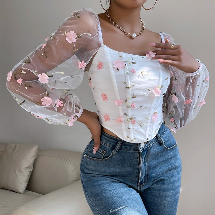 Women Clothing Sexy Mesh See through Embroidered Floral Double Layer Boning Corset Long Sleeve Bra