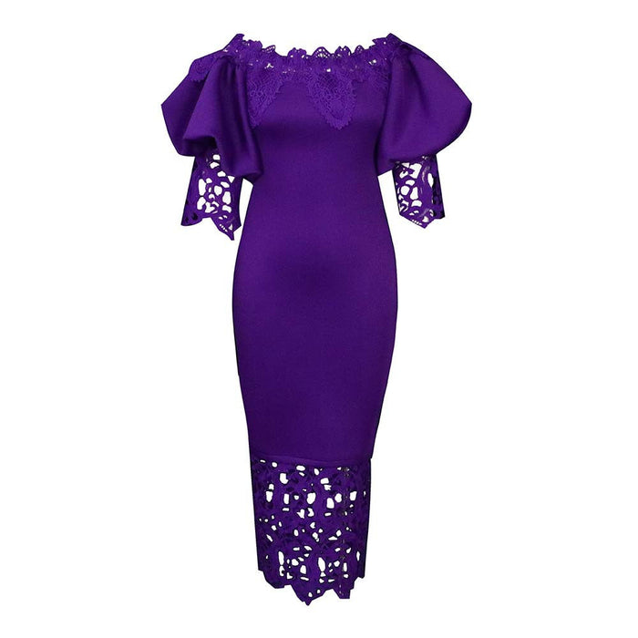 Women Clothes Elegant Lace Stitching Off Neck Dress