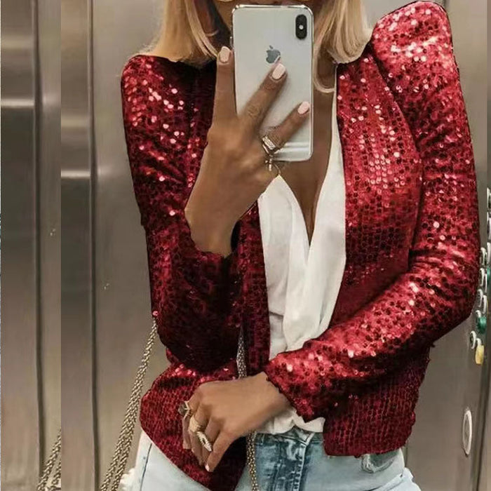 Women Autumn Round Neck Long Sleeve Solid Color Cardigan Casual All Match Sequin Coat