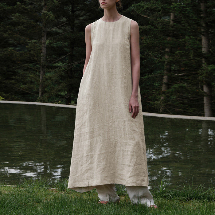 Cotton Linen Maxi Dress Summer French Pastoral Sleeveless Backless Hollow Out Cutout Niche Casual Loose Maxi Dress