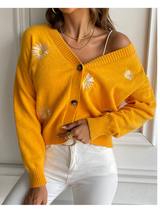 Sweet Women Clothing Small Chrysanthemum Embroidery V Neck Sweater Coat Autumn Winter Loose Knitted Cardigan