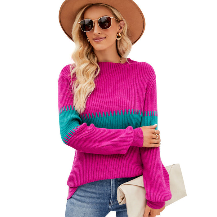 Color Contrast Patchwork Mock Neck Sweater Women Autumn Winter Lazy Wind Loose Pullover