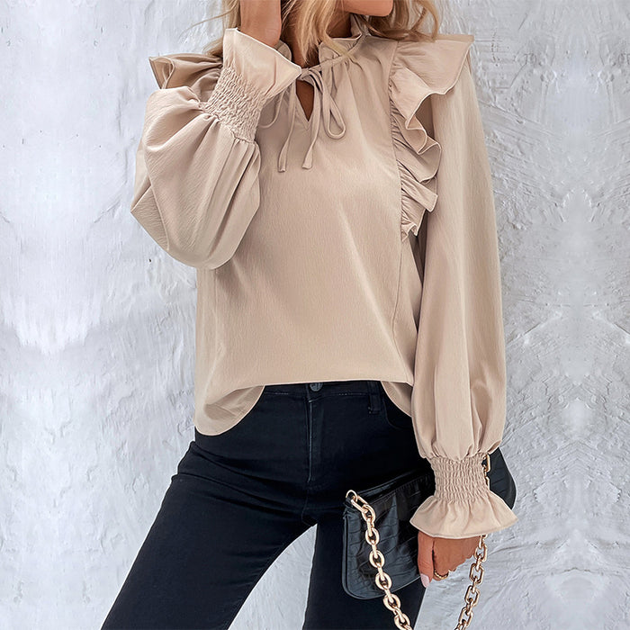 Women Clothing Spring Ruffled Long Sleeve Solid Color Shirt Women