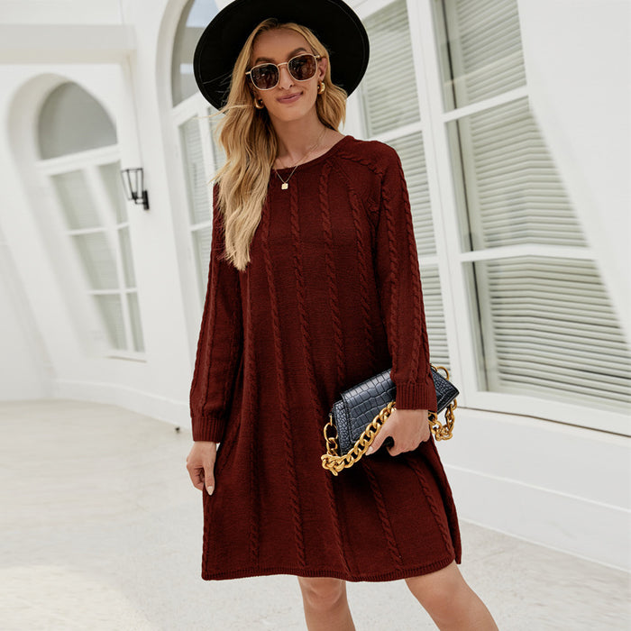 Fall Winter Solid Color Long Sweater Dress round Neck Twisted Loose A line Knitted Dress