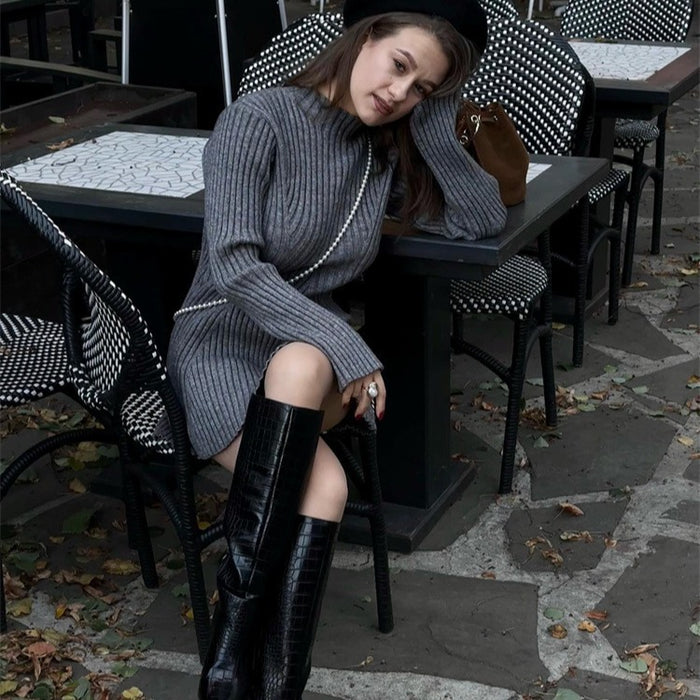 Long Sleeve Skinny Knit Dress Women Half Turtleneck Base Narrow Solid Color Short Temperamental Fall Winter Sweater Dress