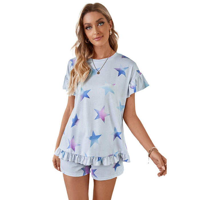 Star-Patterned Pajamas Women Summer Gradient Printed Cartoon Home Wear Short Sleeve Suit