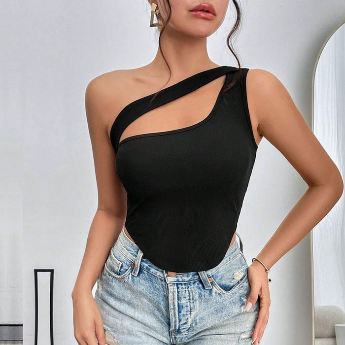 Women Clothing Slim Fit Ultra Short Irregular Asymmetric Hem Shoulder Wrapped Chest Vest Hollow Out Cutout Top