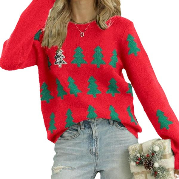 Christmas Tree Jacquard Christmas Sweater Women Casual Pullover Sweater