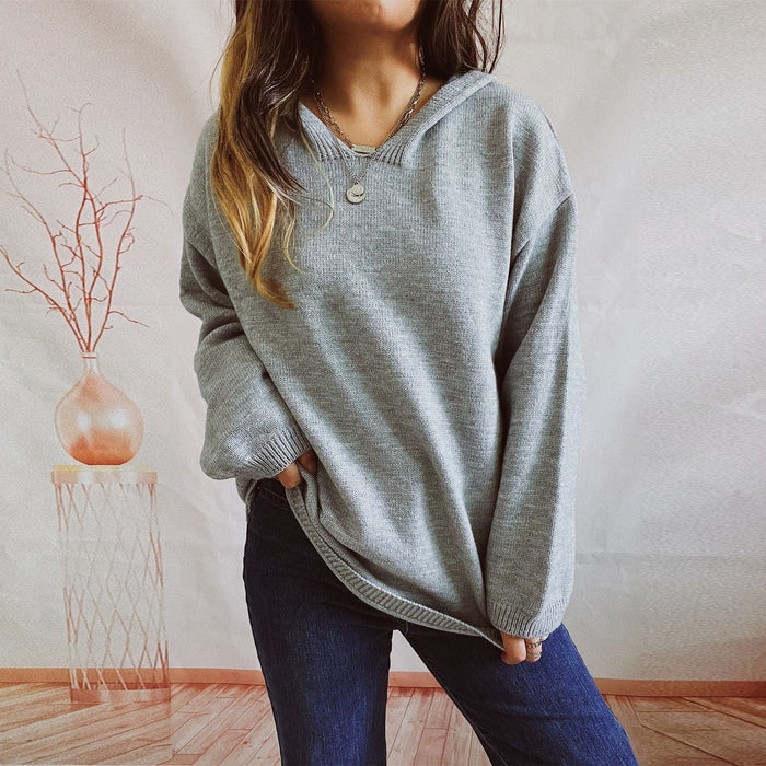 Autumn Winter Solid Color Casual Loose Fitting Hoodie Long Sleeve Sports Knitted Pullover Sweater