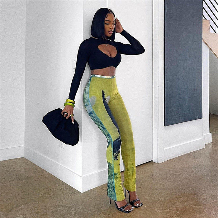 Summer Women Clothing Sexy Sheer Mesh Printed Breathable High Waist Figure Flattering Hip Lifting Casual Pants