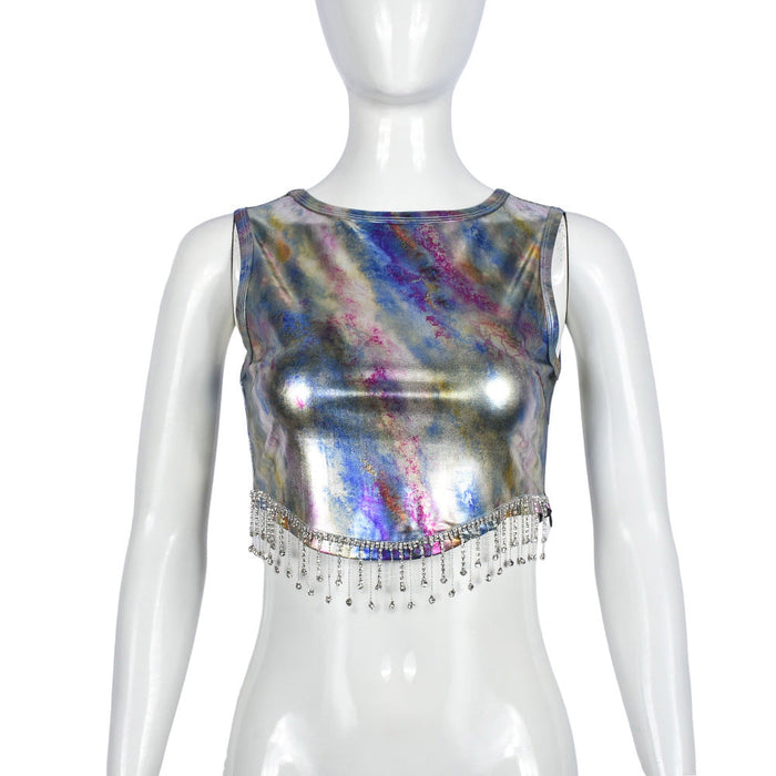 Metallic Coated Fabric Sexy Elegant Cropped round Neck Small Tank Top Women