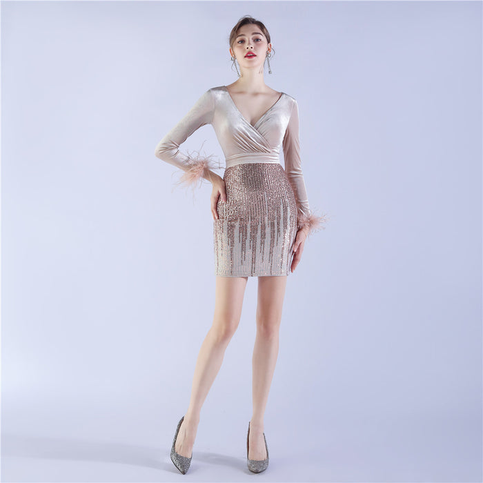 Ostrich Feather Sequin Velvet Stitching Hip Long Sleeve Short Nightclub Dress