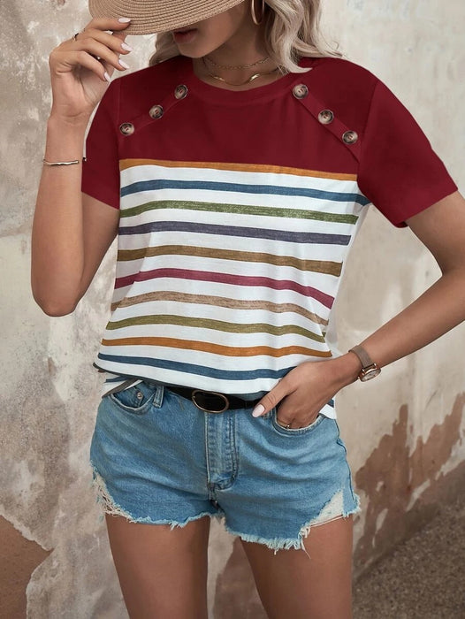 Women Clothing Summer Striped Print Stitching Button Short Sleeved Casual Top Women