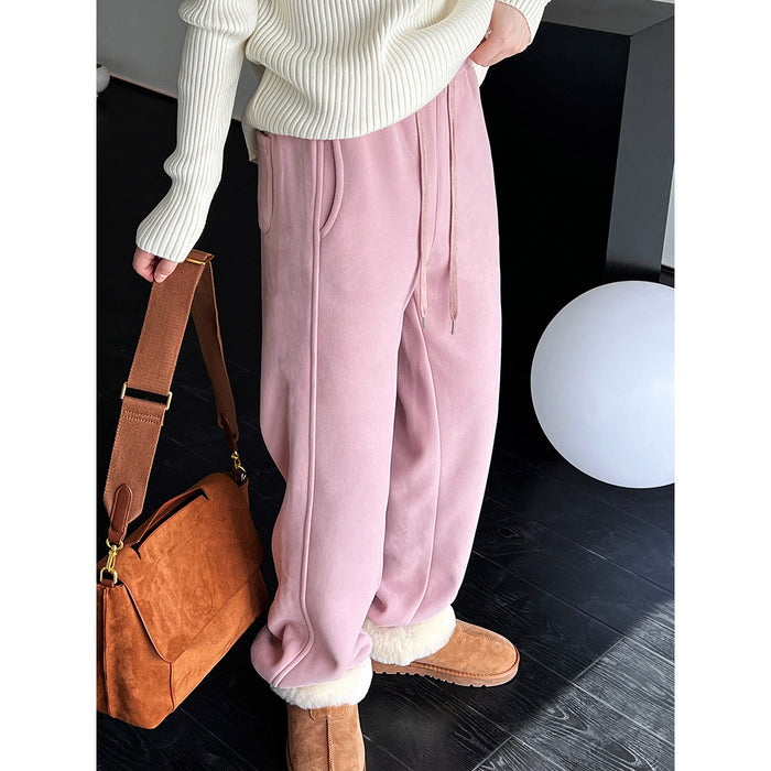 Sports Pink Drawstring Sweatpants for Women Autumn Winter Thermal Velvet Thickened Ankle Banded Pants