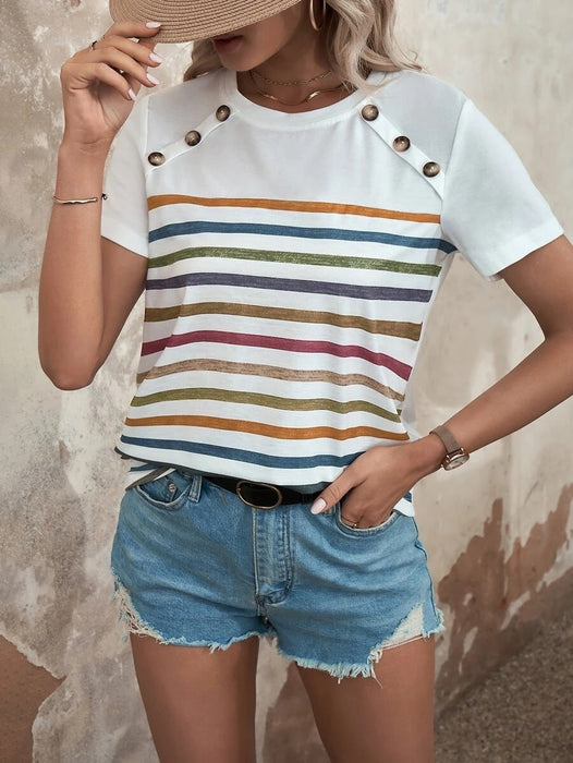 Women Clothing Summer Striped Print Stitching Button Short Sleeved Casual Top Women