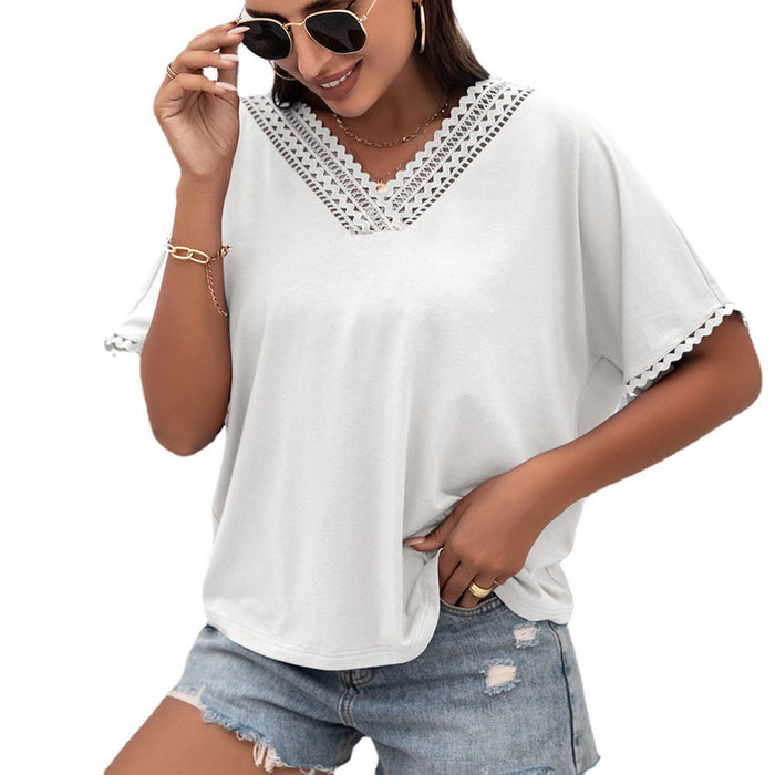 Women Clothing Summer Sexy Hollow Out Cutout out Stitching V-neck Loose Sweater Short Sleeve T-shirt for Women